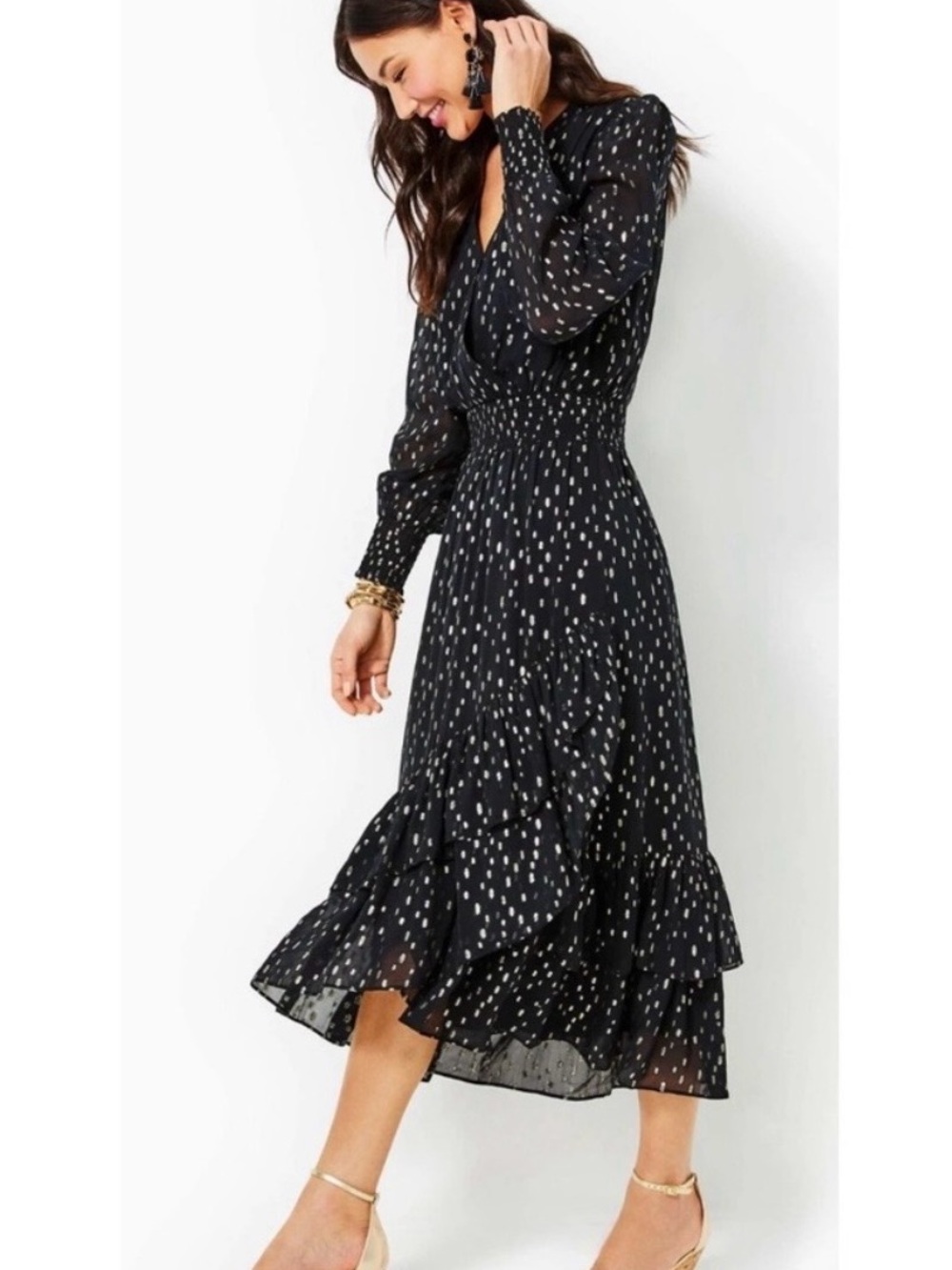 Lilly Pulitzer Black Midi Dress with White Dot Print